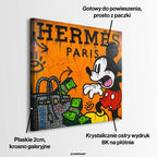 Obraz na płótnie pop-art przedstawiający postać myszki, ekskluzywną torbę i pliki gotówki, wydruk galeryjny w stylu street art.