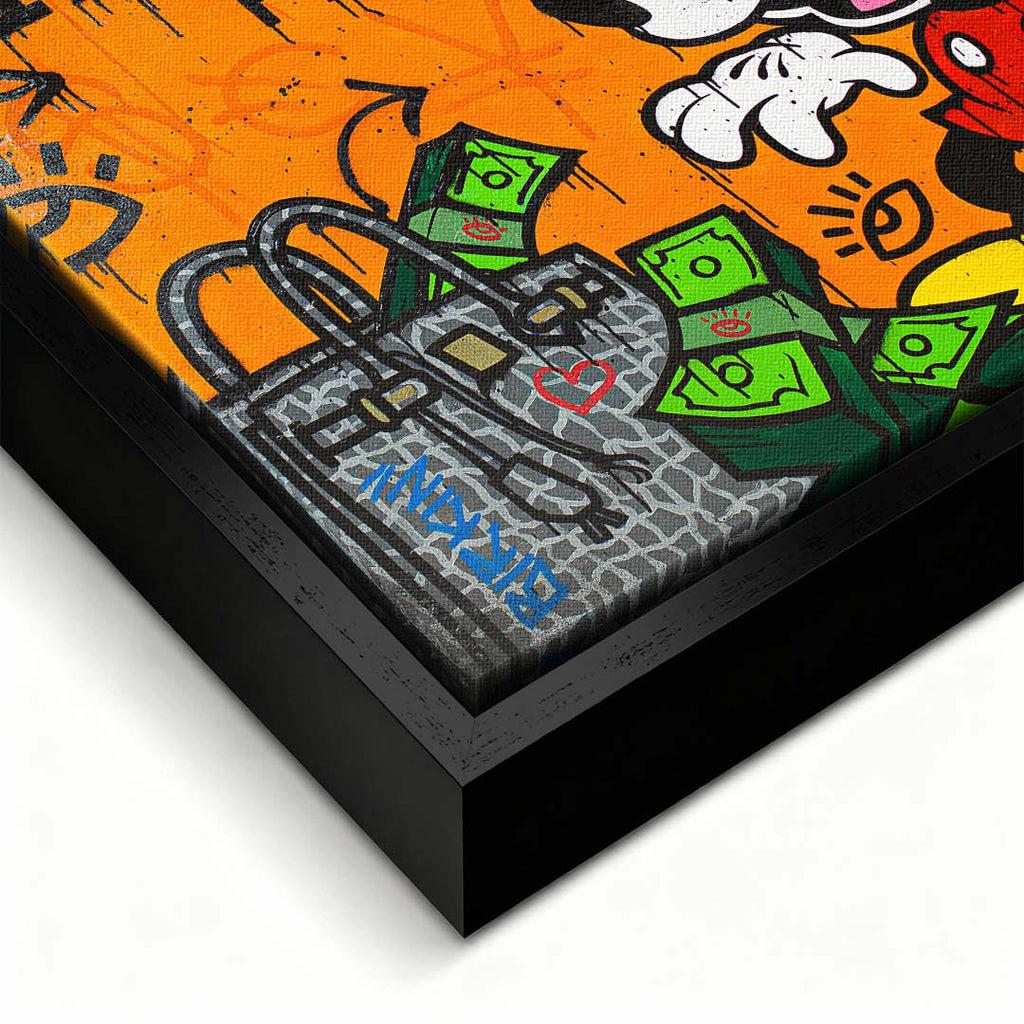Obraz na płótnie pop-art przedstawiający postać myszki, ekskluzywną torbę i pliki gotówki, wydruk galeryjny w stylu street art.