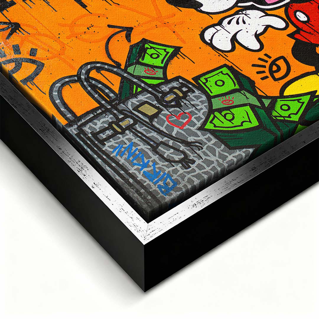 Obraz na płótnie pop-art przedstawiający postać myszki, ekskluzywną torbę i pliki gotówki, wydruk galeryjny w stylu street art.