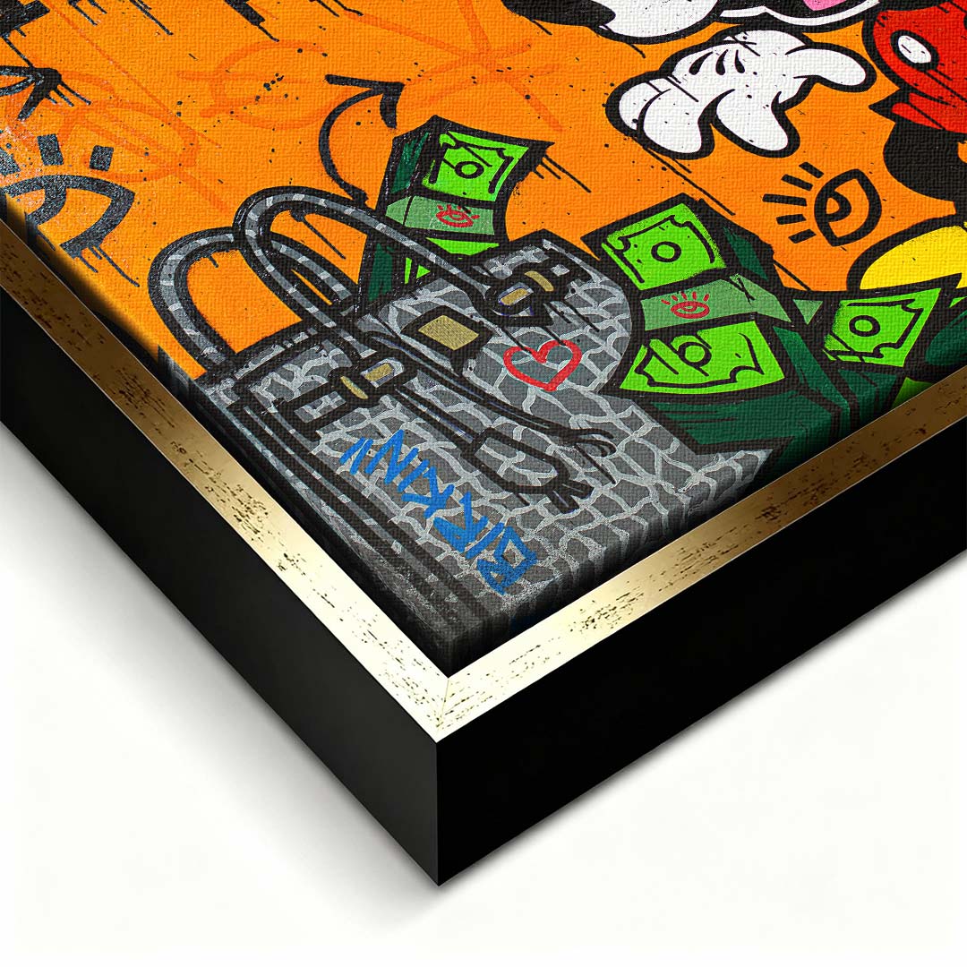 Obraz na płótnie pop-art przedstawiający postać myszki, ekskluzywną torbę i pliki gotówki, wydruk galeryjny w stylu street art.