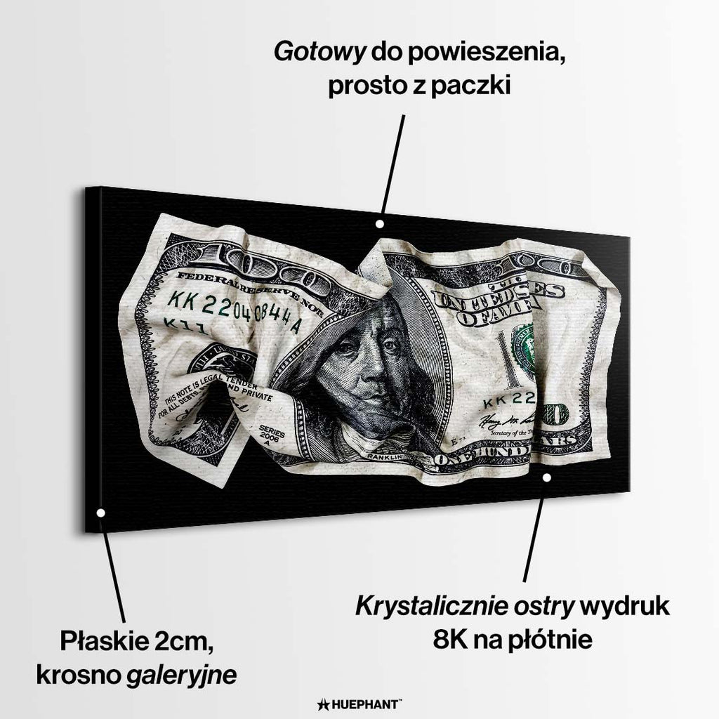 Nowoczesny obraz na płótnie przedstawiający pognieciony banknot stu dolarów na czarnym tle. Wydruk galeryjny Huephant.