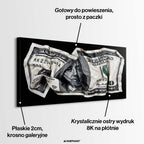 Nowoczesny obraz na płótnie przedstawiający pognieciony banknot stu dolarów na czarnym tle. Wydruk galeryjny Huephant.