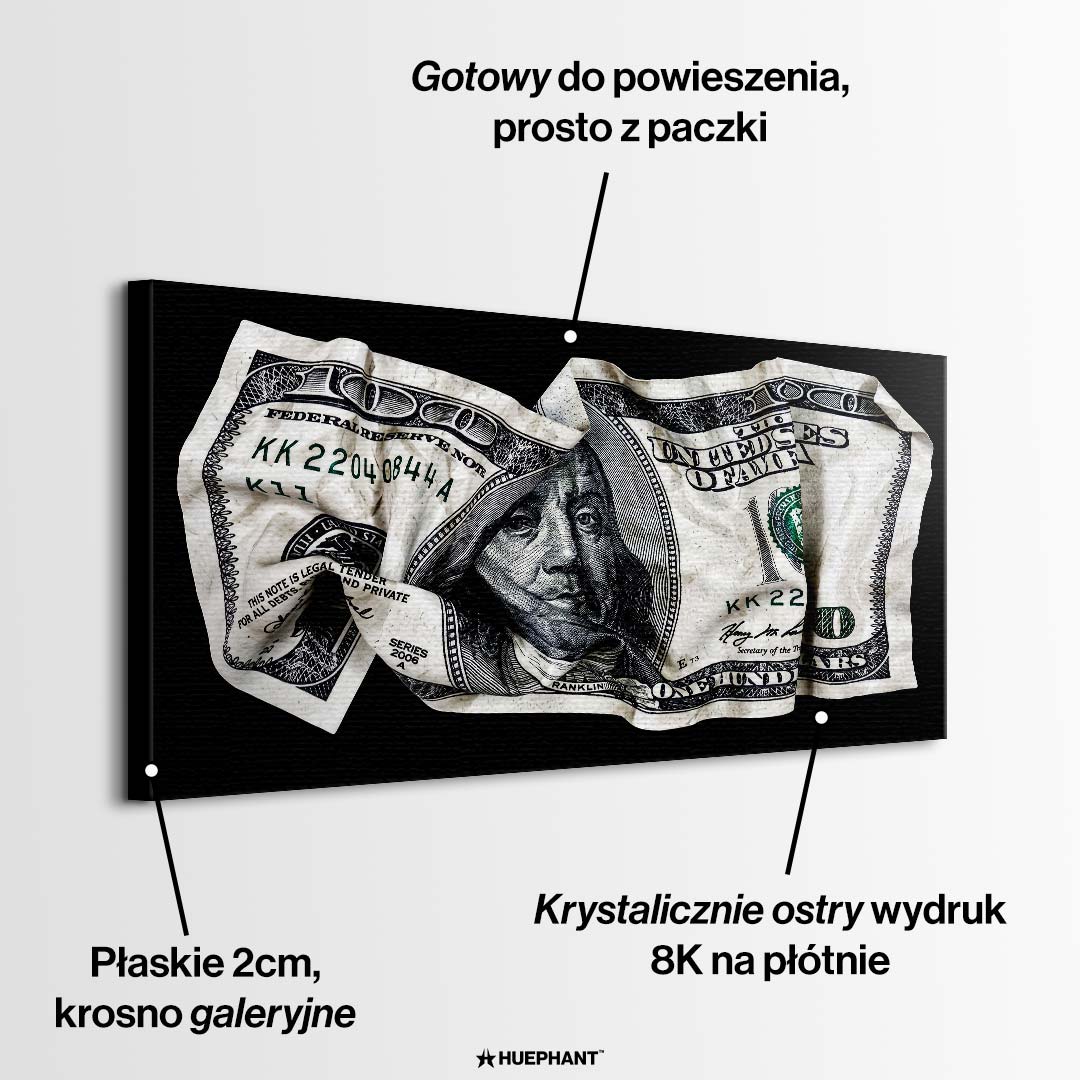 Nowoczesny obraz na płótnie przedstawiający pognieciony banknot stu dolarów na czarnym tle. Wydruk galeryjny Huephant.