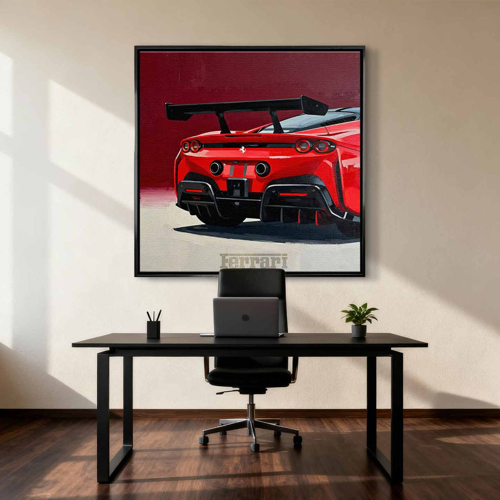 Obraz na płótnie Ferrari SF90 – tył czerwonego supersamochodu, dynamiczna sztuka do biura, garażu lub wnętrza pasjonata motoryzacji.