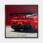 Obraz na płótnie Ferrari SF90 – tył czerwonego supersamochodu, dynamiczna sztuka do biura, garażu lub wnętrza pasjonata motoryzacji.