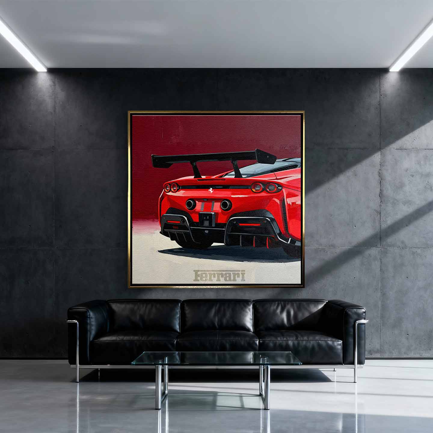 Obraz na płótnie Ferrari SF90 – tył czerwonego supersamochodu, dynamiczna sztuka do biura, garażu lub wnętrza pasjonata motoryzacji.