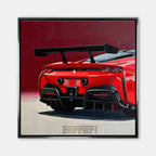 Obraz na płótnie Ferrari SF90 – tył czerwonego supersamochodu, dynamiczna sztuka do biura, garażu lub wnętrza pasjonata motoryzacji.