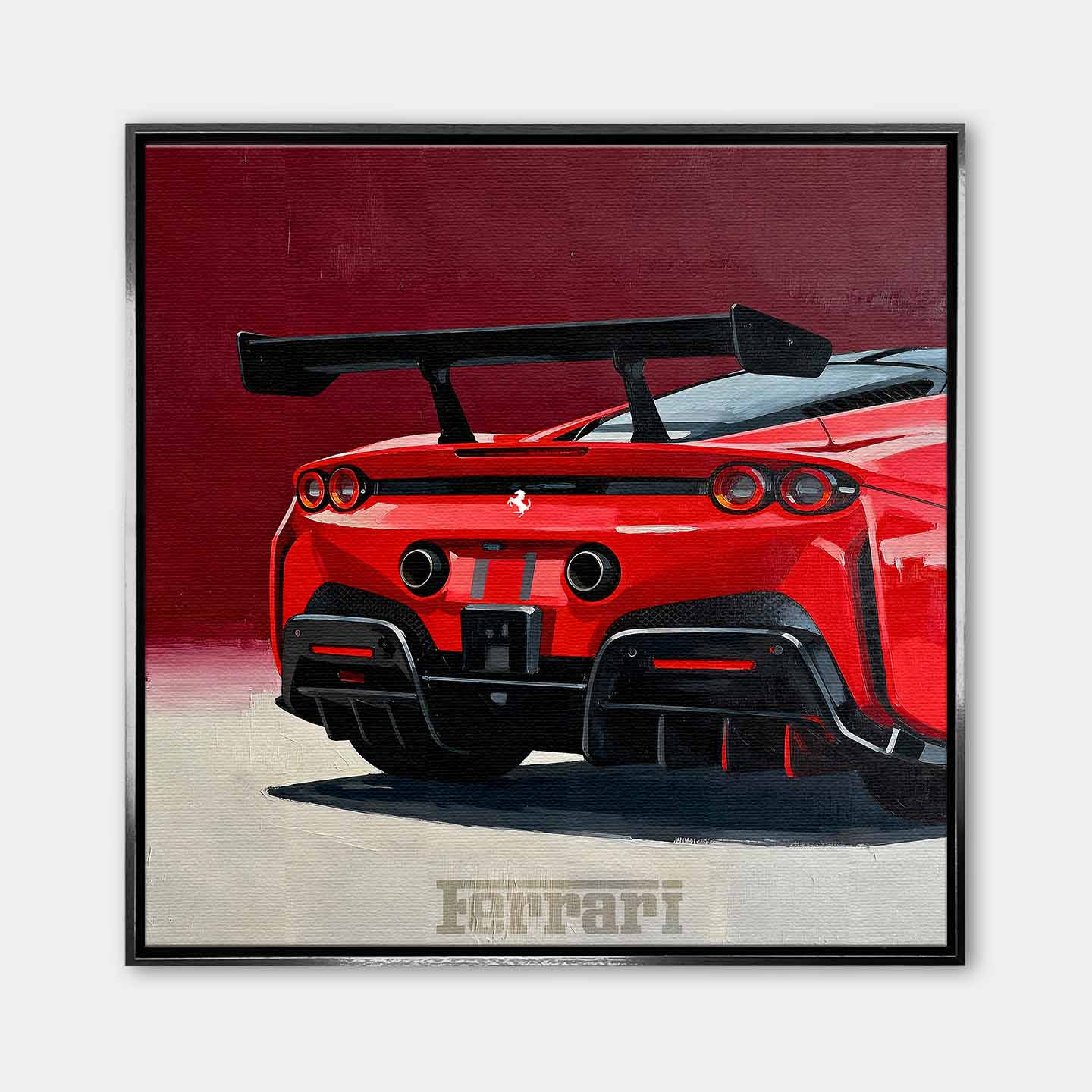 Obraz na płótnie Ferrari SF90 – tył czerwonego supersamochodu, dynamiczna sztuka do biura, garażu lub wnętrza pasjonata motoryzacji.