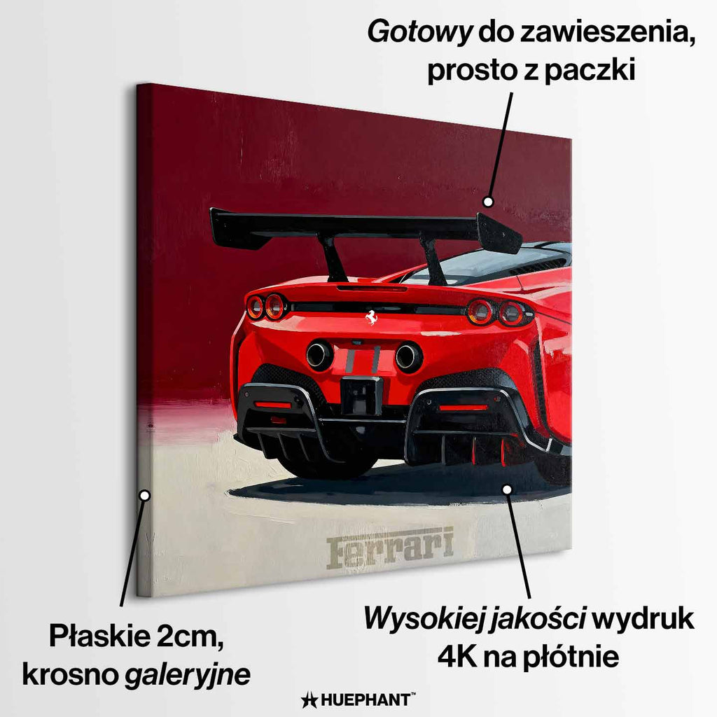 Obraz na płótnie Ferrari SF90 – tył czerwonego supersamochodu, dynamiczna sztuka do biura, garażu lub wnętrza pasjonata motoryzacji.