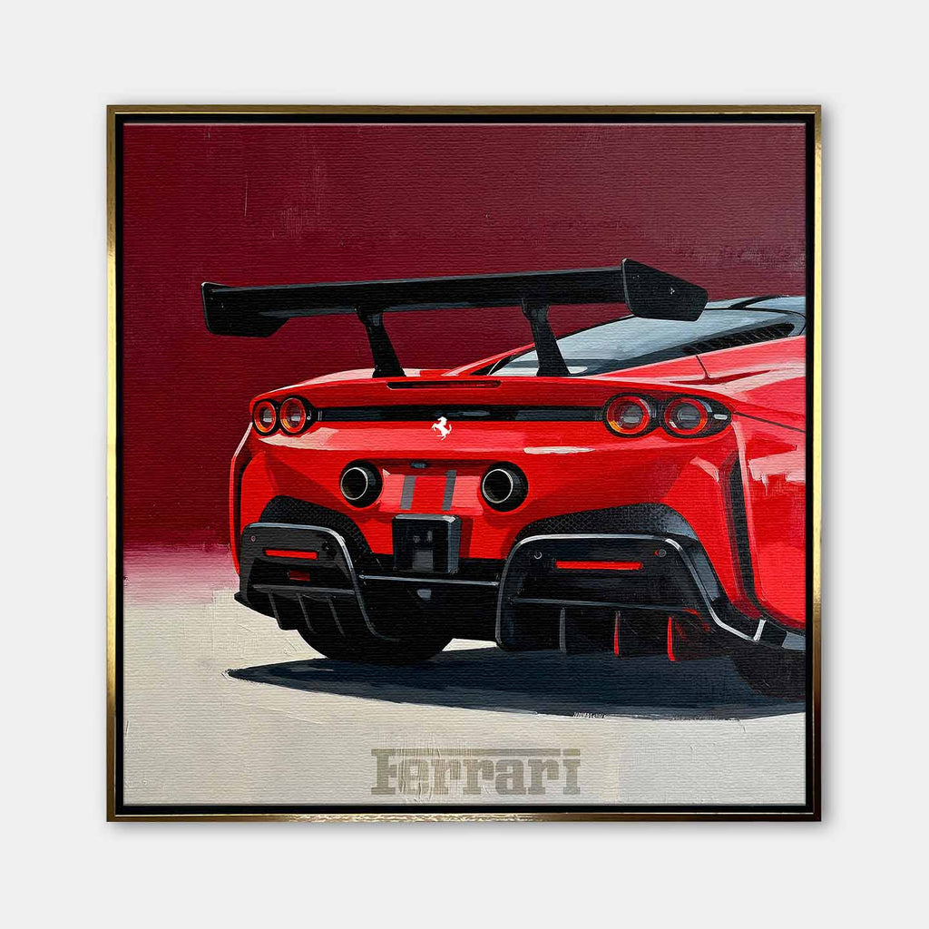 Obraz na płótnie Ferrari SF90 – tył czerwonego supersamochodu, dynamiczna sztuka do biura, garażu lub wnętrza pasjonata motoryzacji.