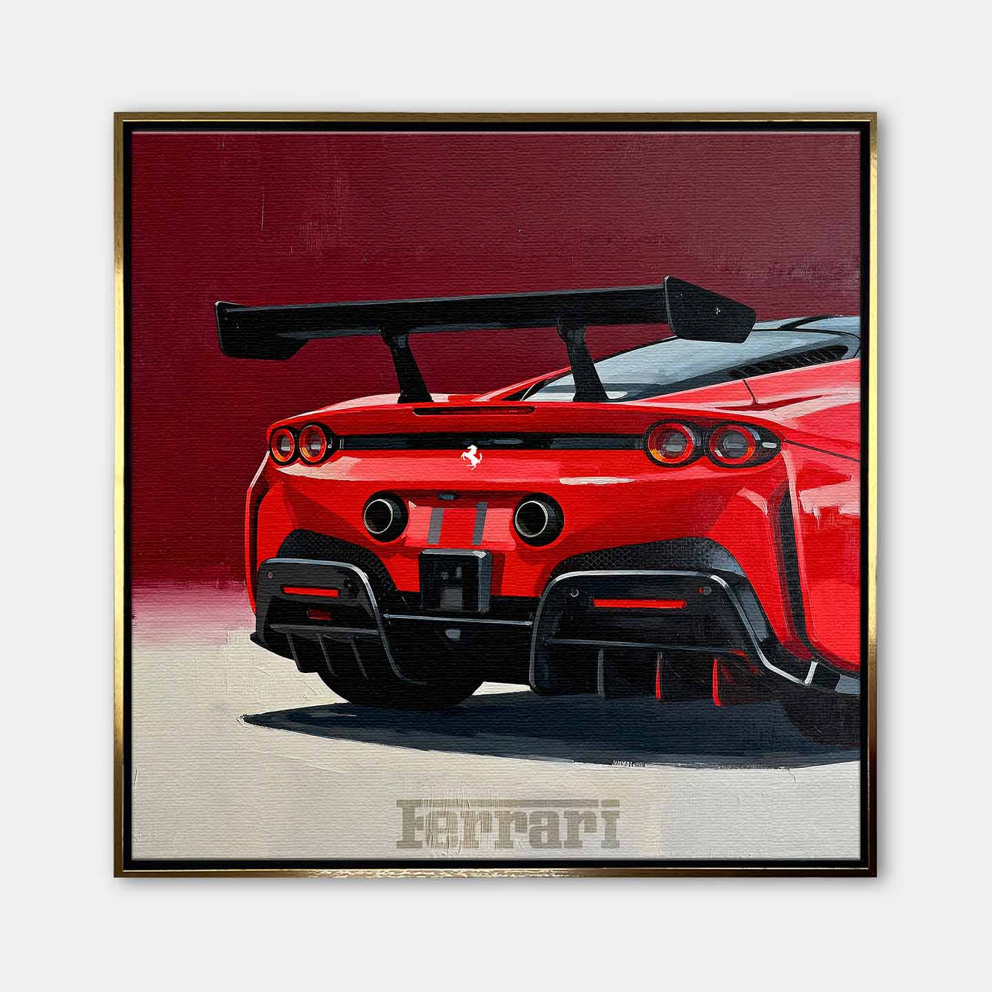 Obraz na płótnie Ferrari SF90 – tył czerwonego supersamochodu, dynamiczna sztuka do biura, garażu lub wnętrza pasjonata motoryzacji.