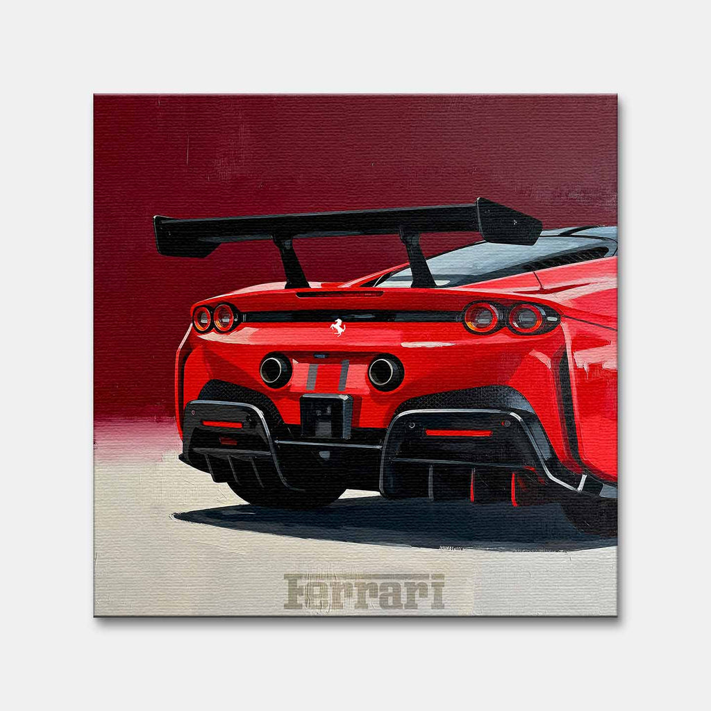 Obraz na płótnie Ferrari SF90 – tył czerwonego supersamochodu, dynamiczna sztuka do biura, garażu lub wnętrza pasjonata motoryzacji.