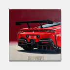 Obraz na płótnie Ferrari SF90 – tył czerwonego supersamochodu, dynamiczna sztuka do biura, garażu lub wnętrza pasjonata motoryzacji.