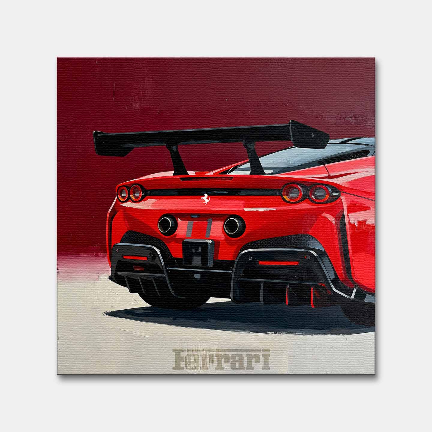 Obraz na płótnie Ferrari SF90 – tył czerwonego supersamochodu, dynamiczna sztuka do biura, garażu lub wnętrza pasjonata motoryzacji.