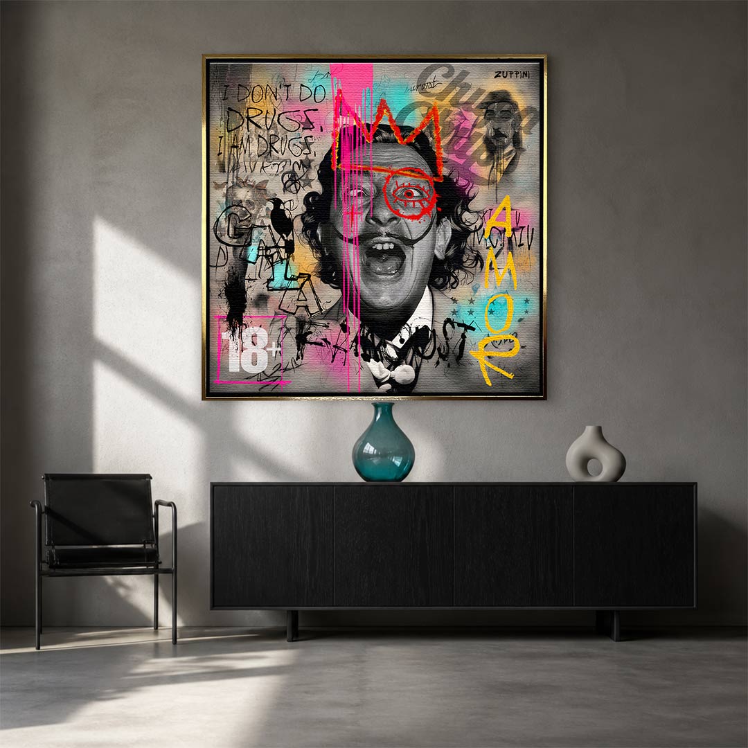 Nowoczesny obraz na płótnie Dali Manifest, wydruk galeryjny pop-art, czarno-biały portret Salvadora Dali z kolorowym graffiti, marka Huephant, limitowana edycja.