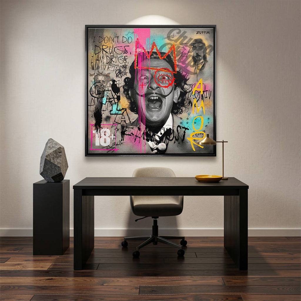Nowoczesny obraz na płótnie Dali Manifest, wydruk galeryjny pop-art, czarno-biały portret Salvadora Dali z kolorowym graffiti, marka Huephant, limitowana edycja.