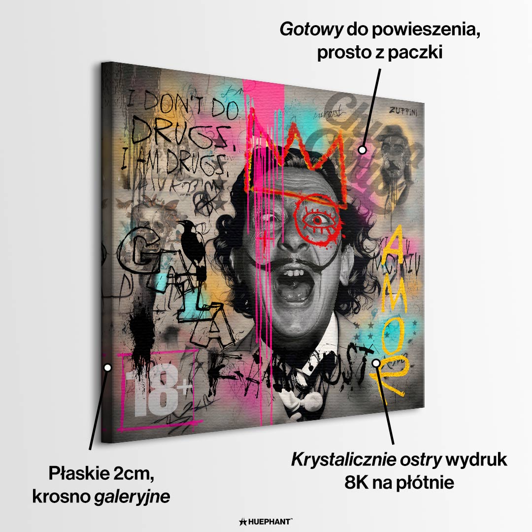 Nowoczesny obraz na płótnie Dali Manifest, wydruk galeryjny pop-art, czarno-biały portret Salvadora Dali z kolorowym graffiti, marka Huephant, limitowana edycja.