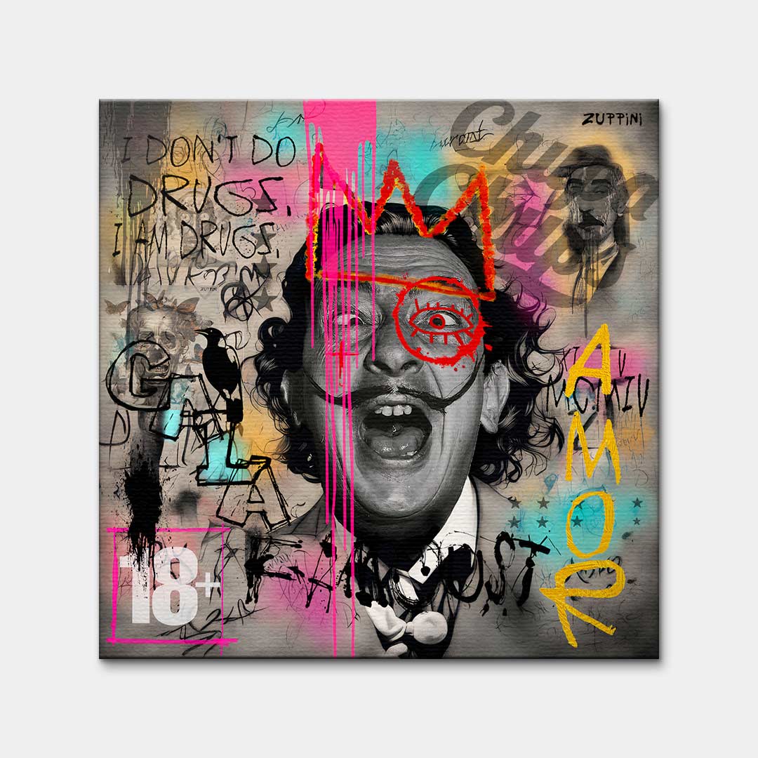 Nowoczesny obraz na płótnie Dali Manifest, wydruk galeryjny pop-art, czarno-biały portret Salvadora Dali z kolorowym graffiti, marka Huephant, limitowana edycja.