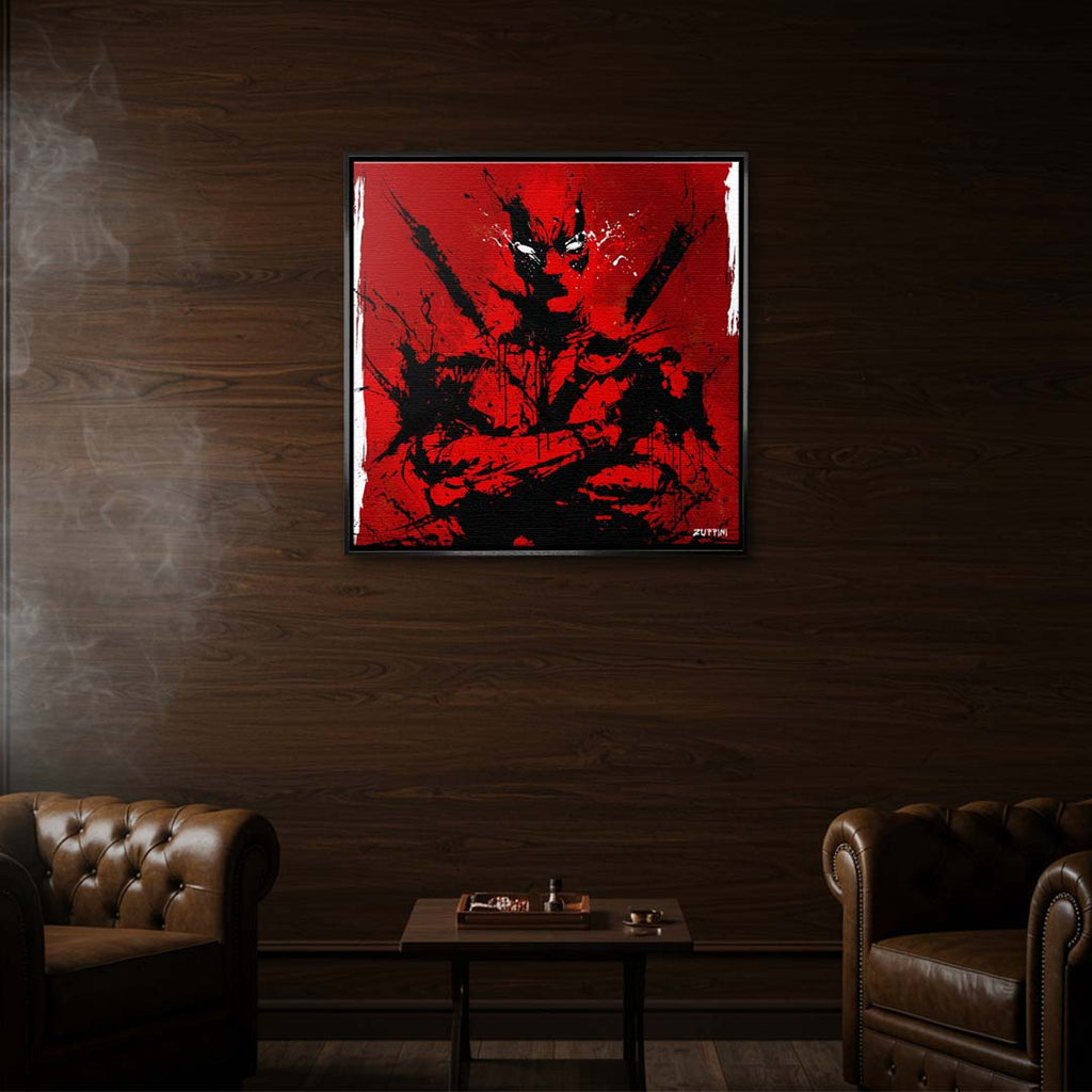 Obraz na płótnie z postacią Deadpoola na czerwonym tle w stylu splash art i graffiti. Nowoczesny wydruk galeryjny komiksowy, sztuka pop-art.