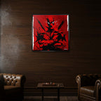 Obraz na płótnie z postacią Deadpoola na czerwonym tle w stylu splash art i graffiti. Nowoczesny wydruk galeryjny komiksowy, sztuka pop-art.