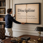 Motywacyjny obraz na płótnie Definition Of Discipline przedstawiający definicję dyscypliny na stronach starej książki, wydruk galeryjny do biura.