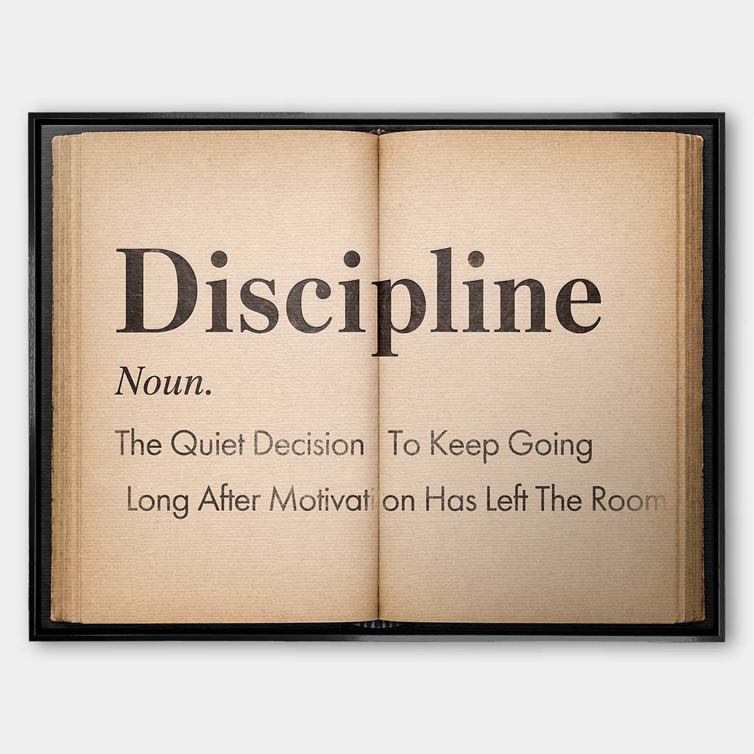 Motywacyjny obraz na płótnie Definition Of Discipline przedstawiający definicję dyscypliny na stronach starej książki, wydruk galeryjny do biura.