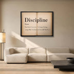 Motywacyjny obraz na płótnie Definition Of Discipline przedstawiający definicję dyscypliny na stronach starej książki, wydruk galeryjny do biura.
