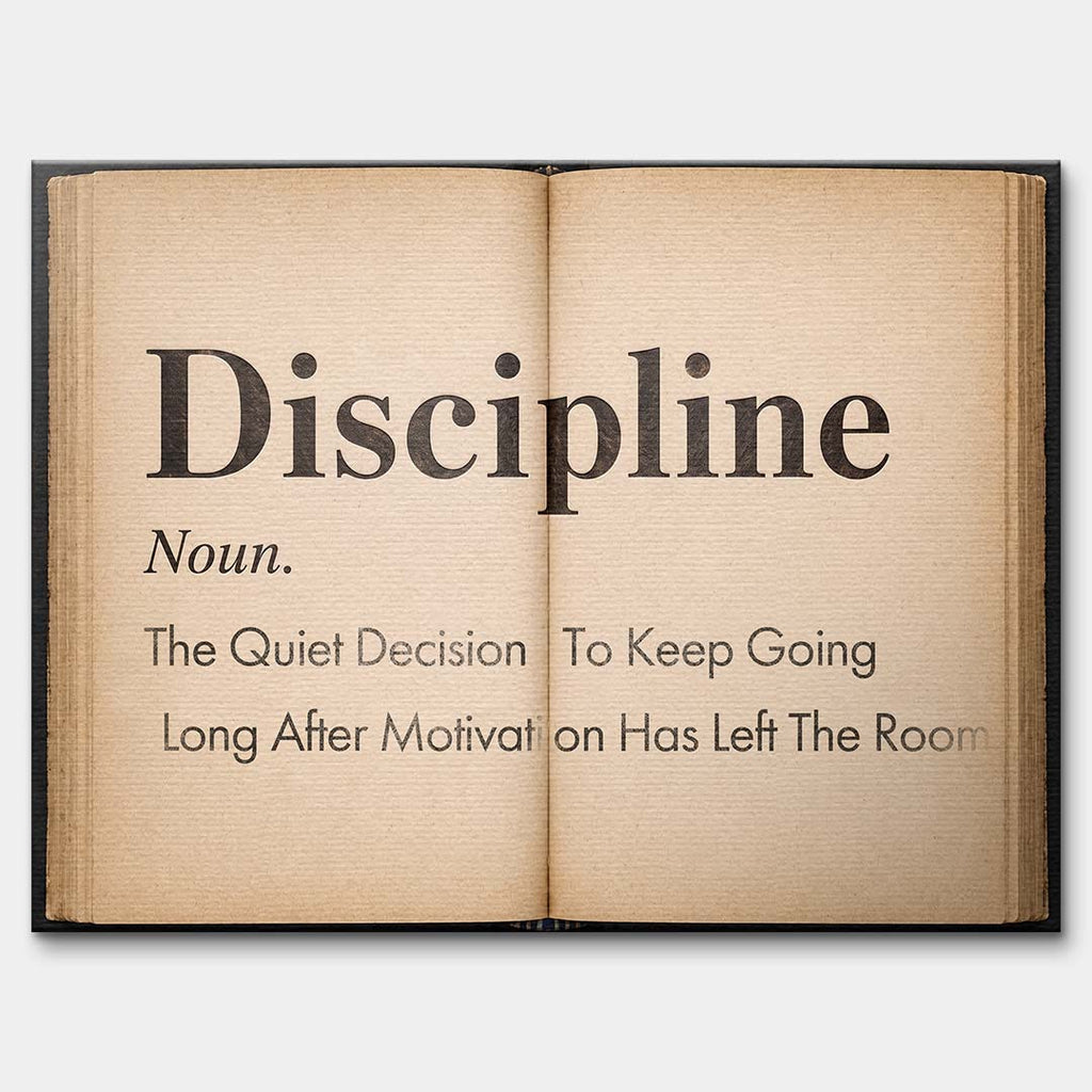 Motywacyjny obraz na płótnie Definition Of Discipline przedstawiający definicję dyscypliny na stronach starej książki, wydruk galeryjny do biura.