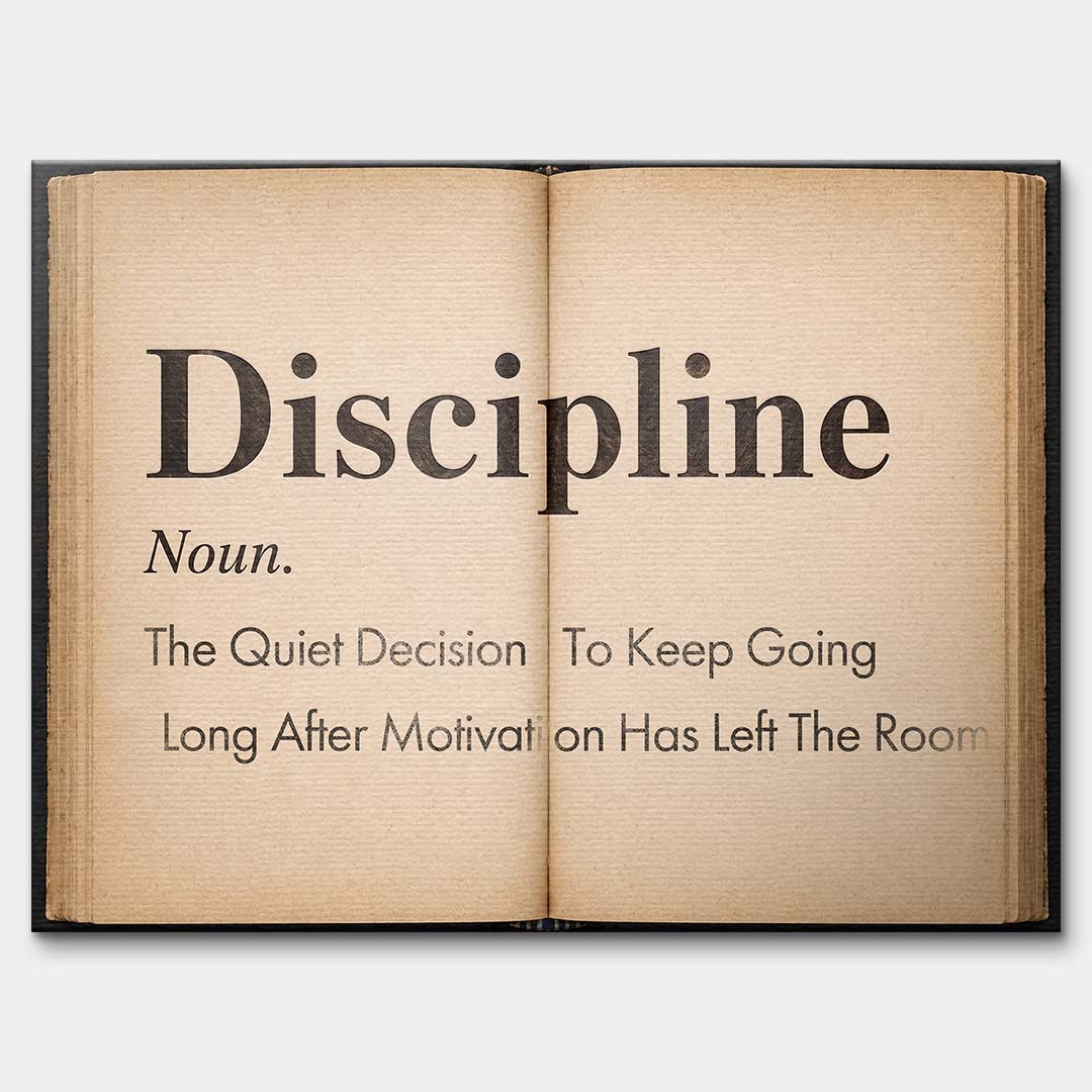 Motywacyjny obraz na płótnie Definition Of Discipline przedstawiający definicję dyscypliny na stronach starej książki, wydruk galeryjny do biura.