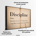 Motywacyjny obraz na płótnie Definition Of Discipline przedstawiający definicję dyscypliny na stronach starej książki, wydruk galeryjny do biura.