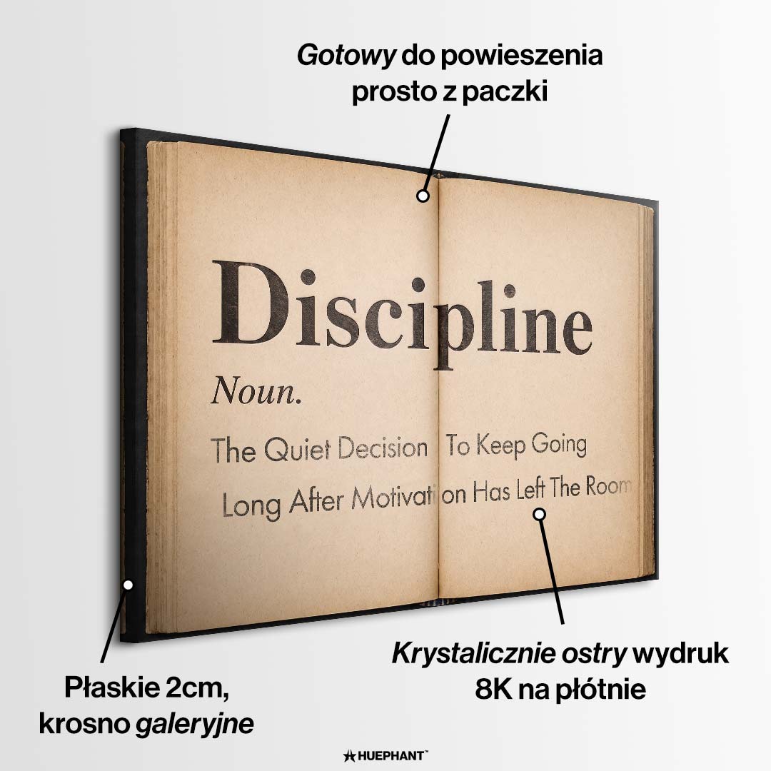 Motywacyjny obraz na płótnie Definition Of Discipline przedstawiający definicję dyscypliny na stronach starej książki, wydruk galeryjny do biura.