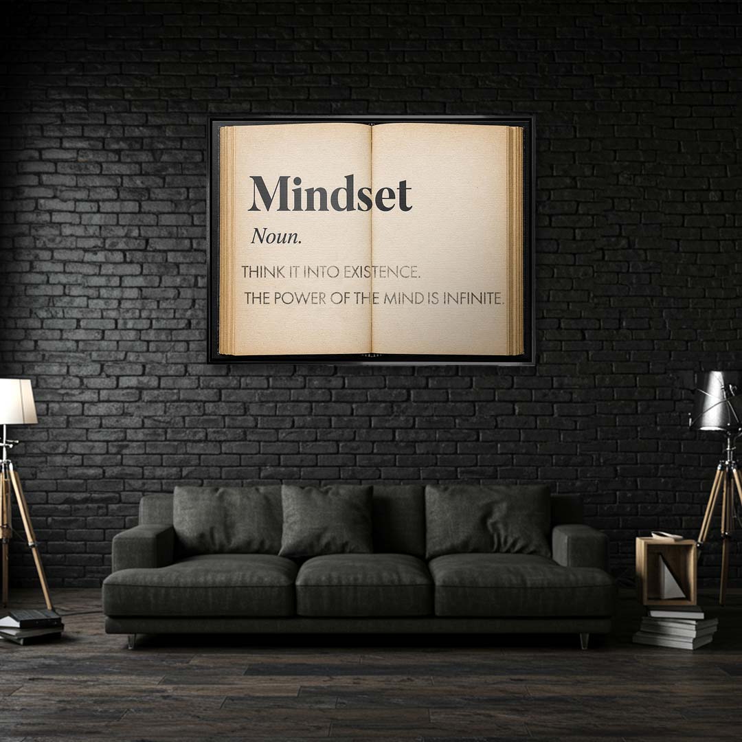 Motywacyjny obraz na płótnie w formie otwartej książki z definicją słowa Mindset i cytatem o potędze umysłu. Wydruk galeryjny Huephant.