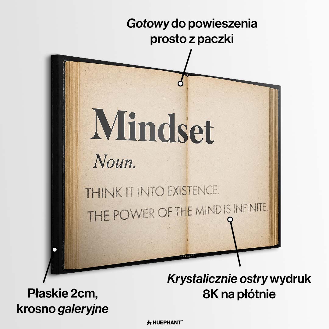 Motywacyjny obraz na płótnie w formie otwartej książki z definicją słowa Mindset i cytatem o potędze umysłu. Wydruk galeryjny Huephant.