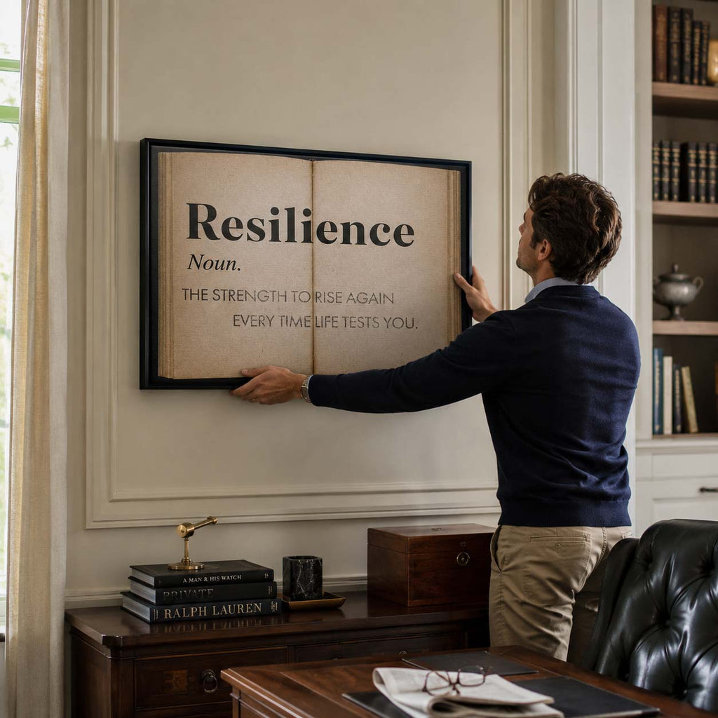 Motywacyjny obraz na płótnie Definition Of Resilience przedstawiający definicję odporności psychicznej na stronach starej książki, wydruk galeryjny.