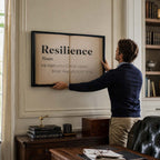 Motywacyjny obraz na płótnie Definition Of Resilience przedstawiający definicję odporności psychicznej na stronach starej książki, wydruk galeryjny.
