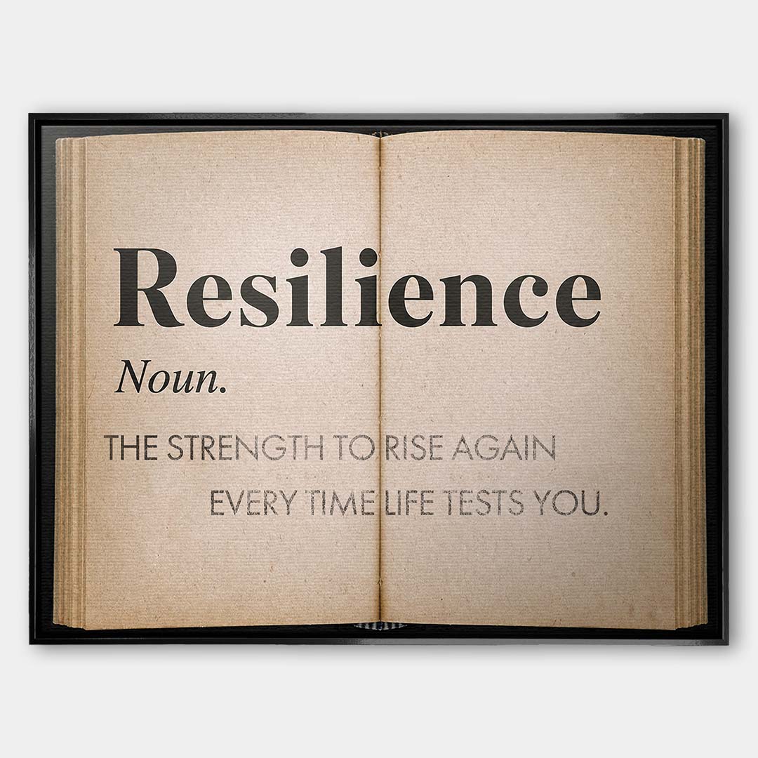 Motywacyjny obraz na płótnie Definition Of Resilience przedstawiający definicję odporności psychicznej na stronach starej książki, wydruk galeryjny.