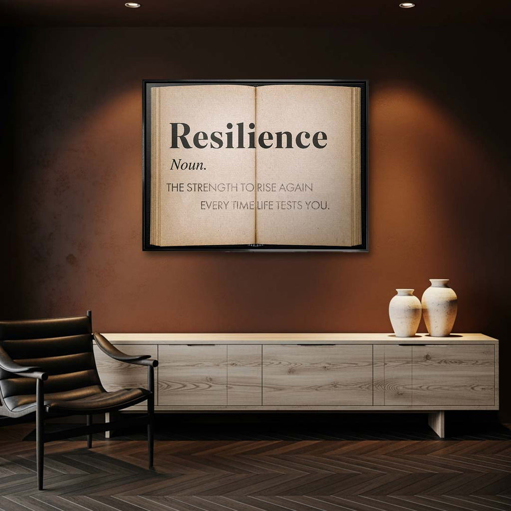 Motywacyjny obraz na płótnie Definition Of Resilience przedstawiający definicję odporności psychicznej na stronach starej książki, wydruk galeryjny.