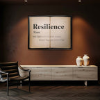 Motywacyjny obraz na płótnie Definition Of Resilience przedstawiający definicję odporności psychicznej na stronach starej książki, wydruk galeryjny.
