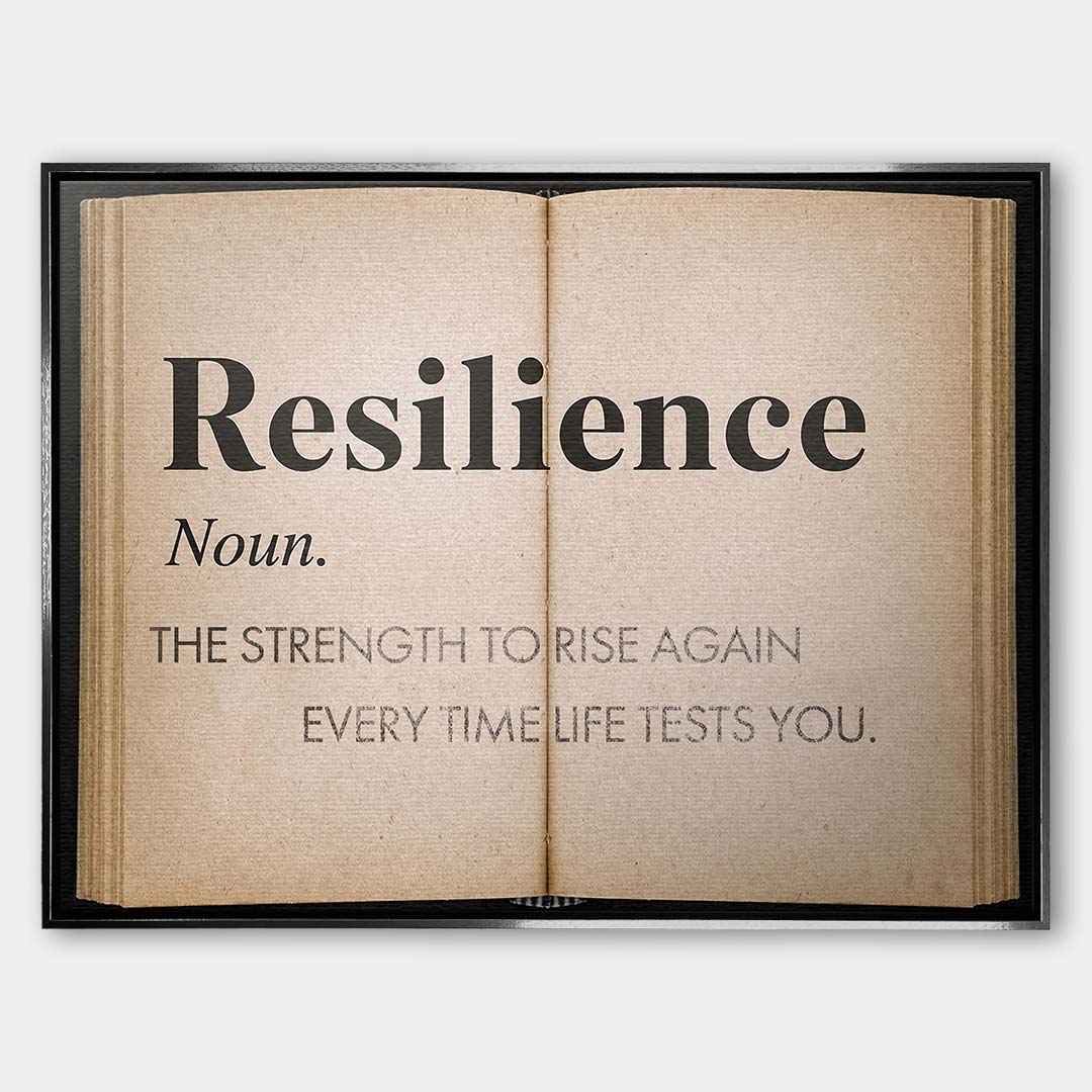 Motywacyjny obraz na płótnie Definition Of Resilience przedstawiający definicję odporności psychicznej na stronach starej książki, wydruk galeryjny.