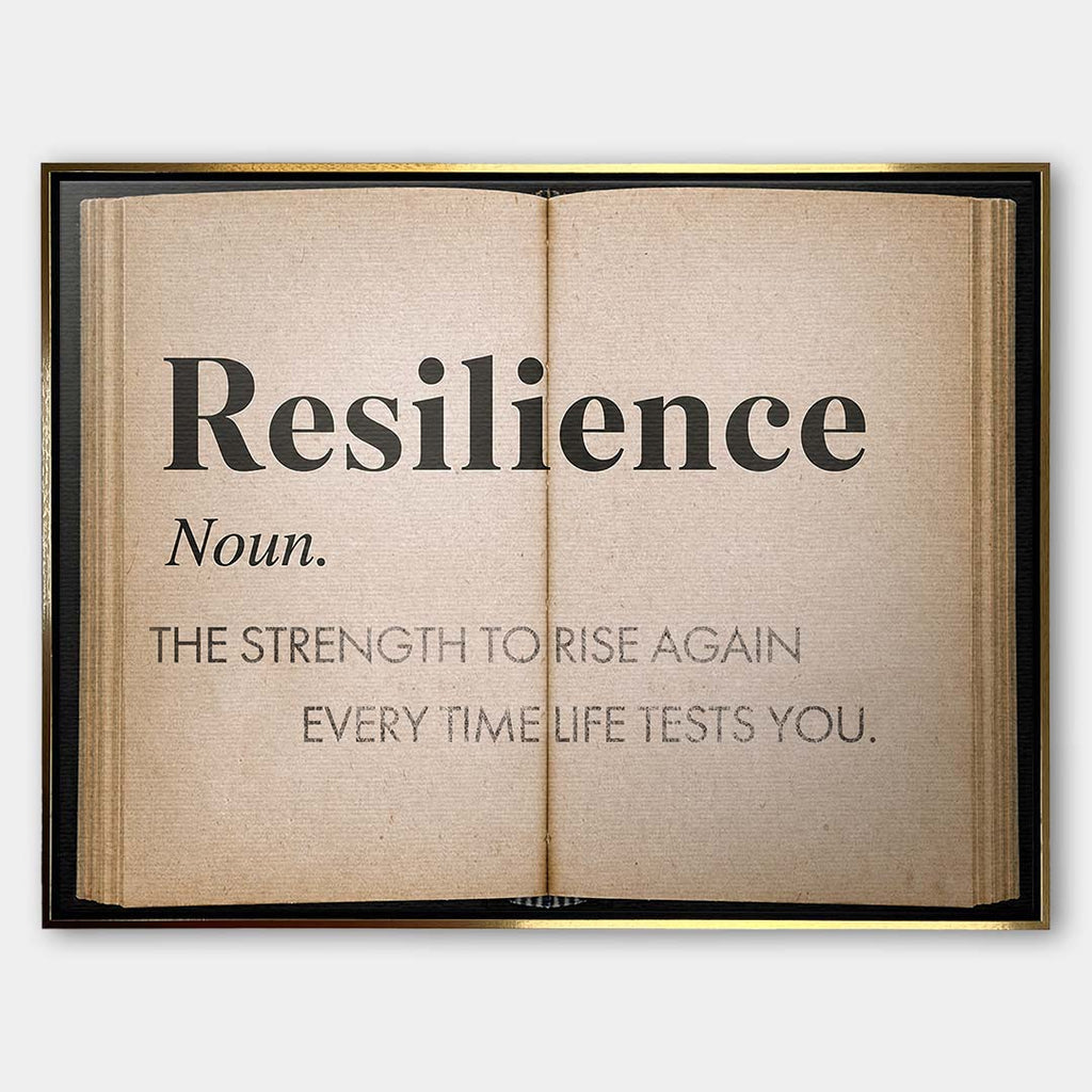 Motywacyjny obraz na płótnie Definition Of Resilience przedstawiający definicję odporności psychicznej na stronach starej książki, wydruk galeryjny.
