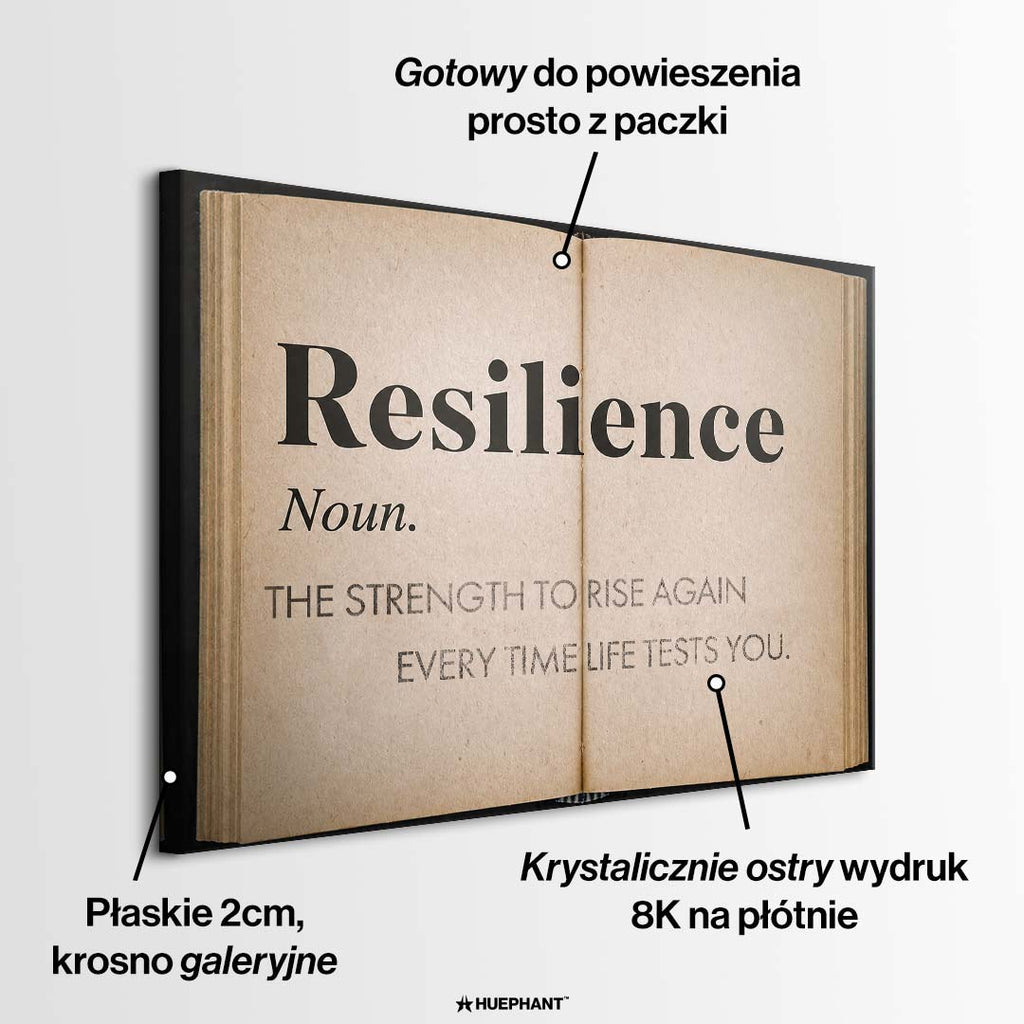 Motywacyjny obraz na płótnie Definition Of Resilience przedstawiający definicję odporności psychicznej na stronach starej książki, wydruk galeryjny.