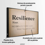 Motywacyjny obraz na płótnie Definition Of Resilience przedstawiający definicję odporności psychicznej na stronach starej książki, wydruk galeryjny.
