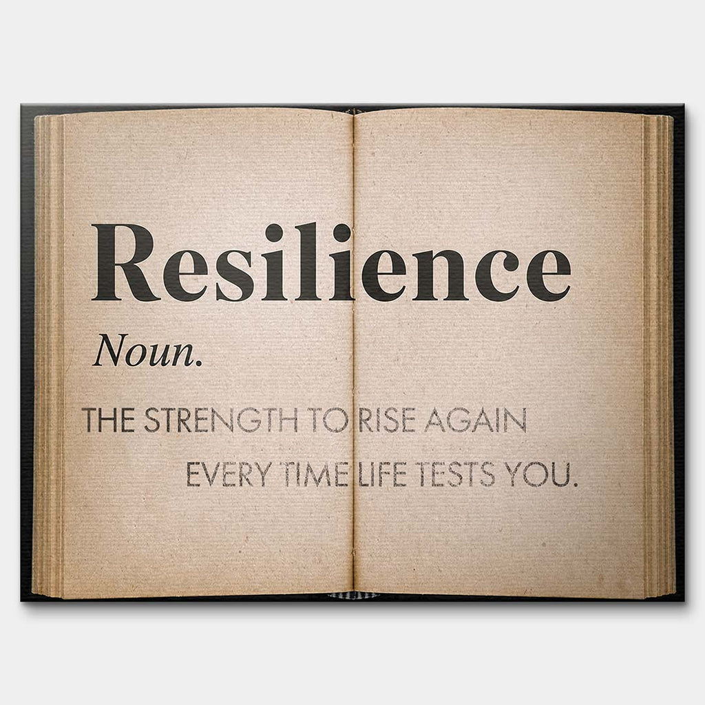 Motywacyjny obraz na płótnie Definition Of Resilience przedstawiający definicję odporności psychicznej na stronach starej książki, wydruk galeryjny.
