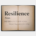 Motywacyjny obraz na płótnie Definition Of Resilience przedstawiający definicję odporności psychicznej na stronach starej książki, wydruk galeryjny.