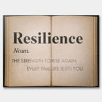 Motywacyjny obraz na płótnie Definition Of Resilience przedstawiający definicję odporności psychicznej na stronach starej książki, wydruk galeryjny.