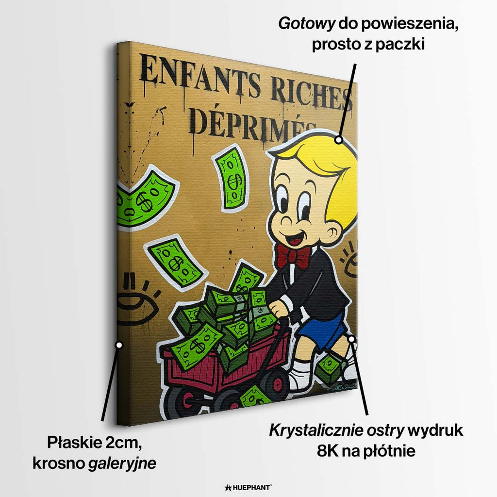 Obraz na płótnie w stylu pop art przedstawiający postać chłopca z wózkiem pełnym pieniędzy, wydruk galeryjny sztuka nowoczesna.