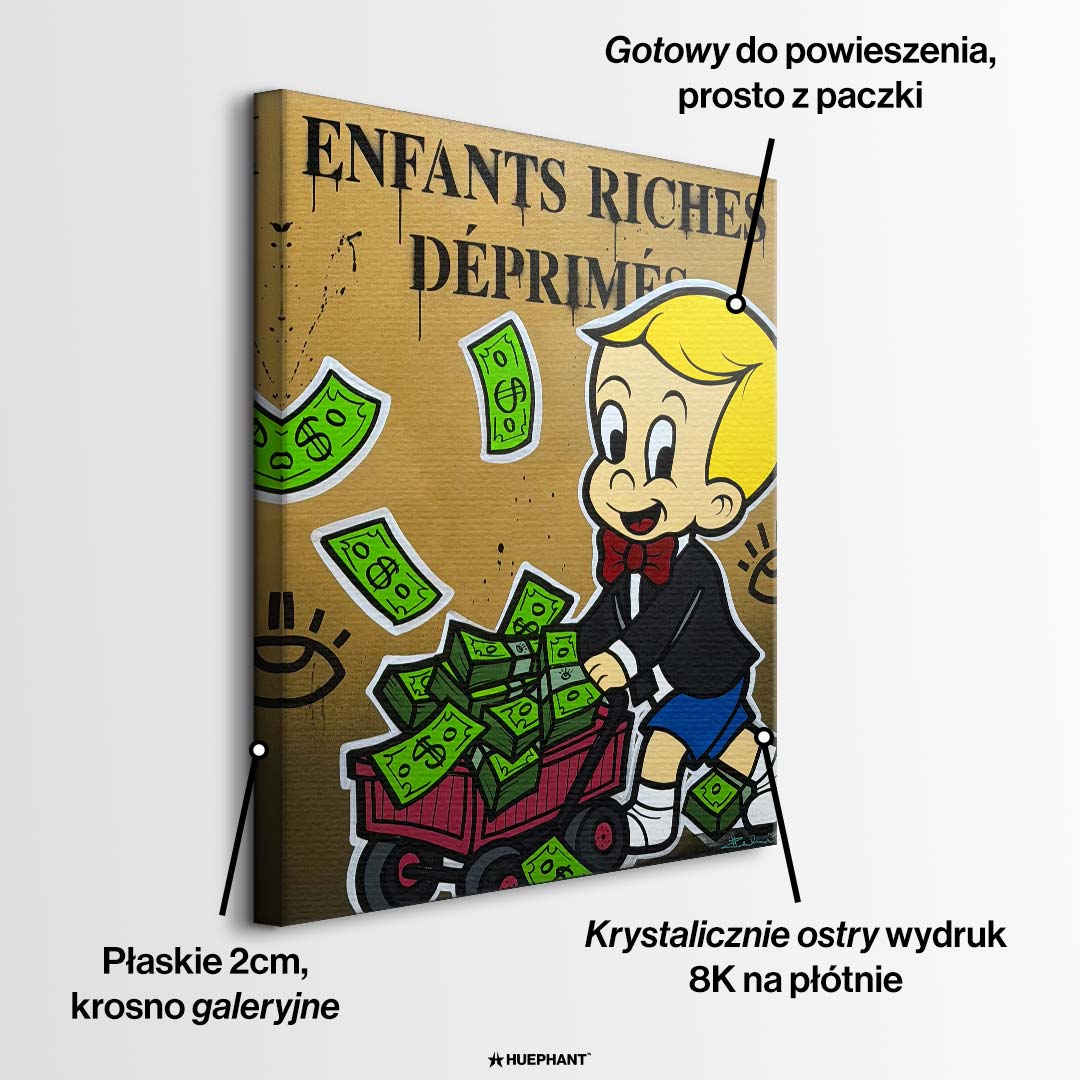 Obraz na płótnie w stylu pop art przedstawiający postać chłopca z wózkiem pełnym pieniędzy, wydruk galeryjny sztuka nowoczesna.