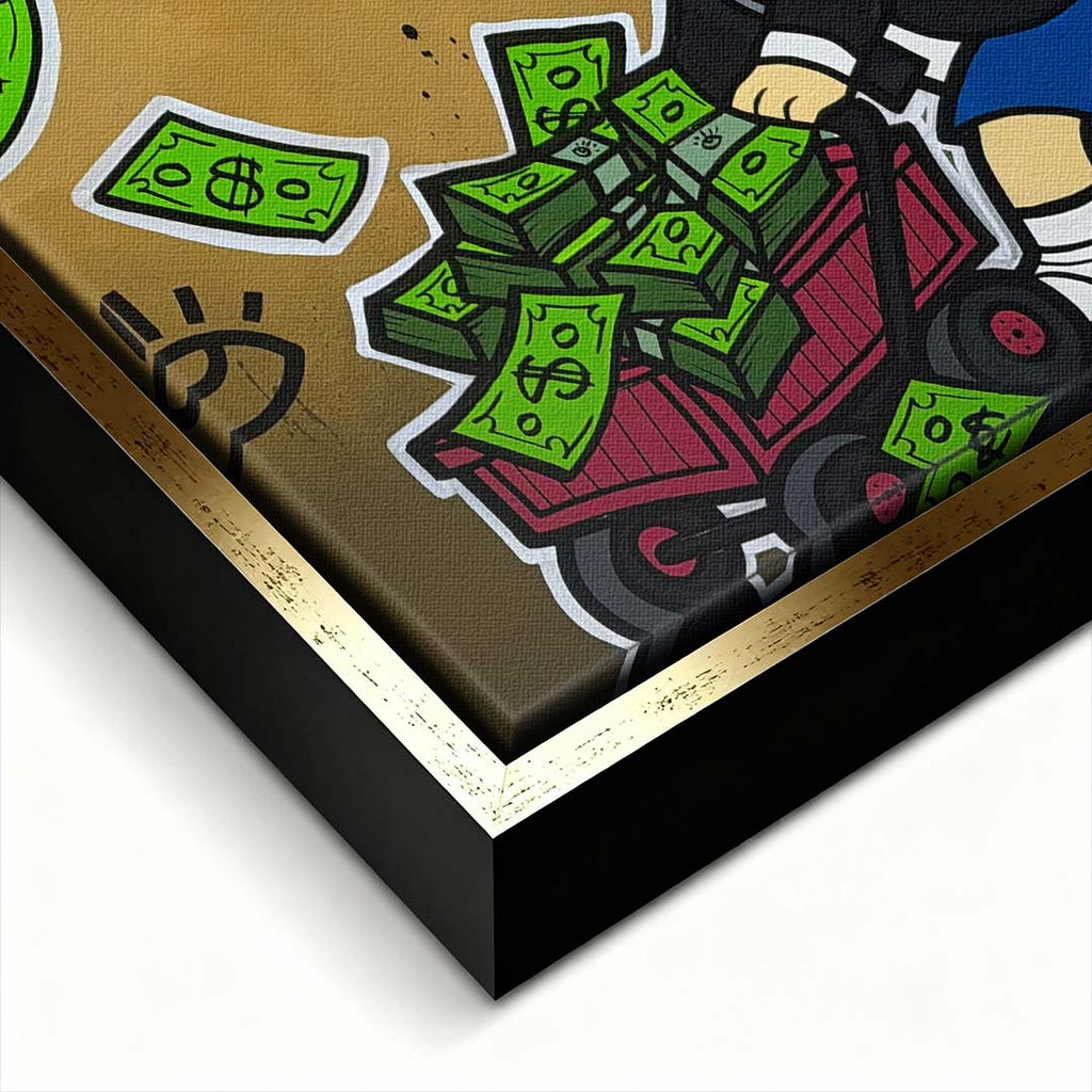 Obraz na płótnie w stylu pop art przedstawiający postać chłopca z wózkiem pełnym pieniędzy, wydruk galeryjny sztuka nowoczesna.
