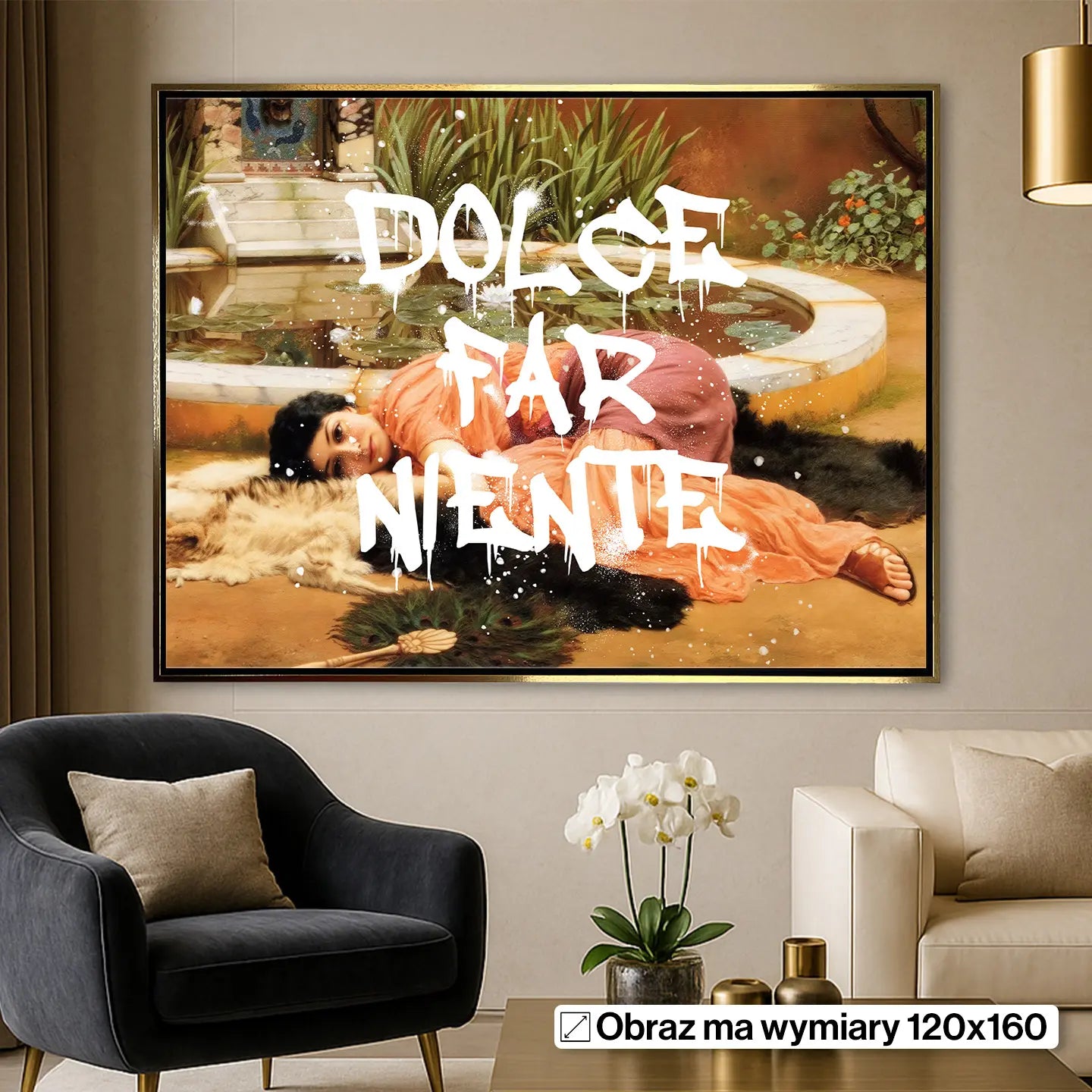 Obraz na płótnie „Dolce Far Niente” – klasyczna scena z leżącą kobietą i białym graffiti w stylu street art z napisem „Dolce Far Niente”.