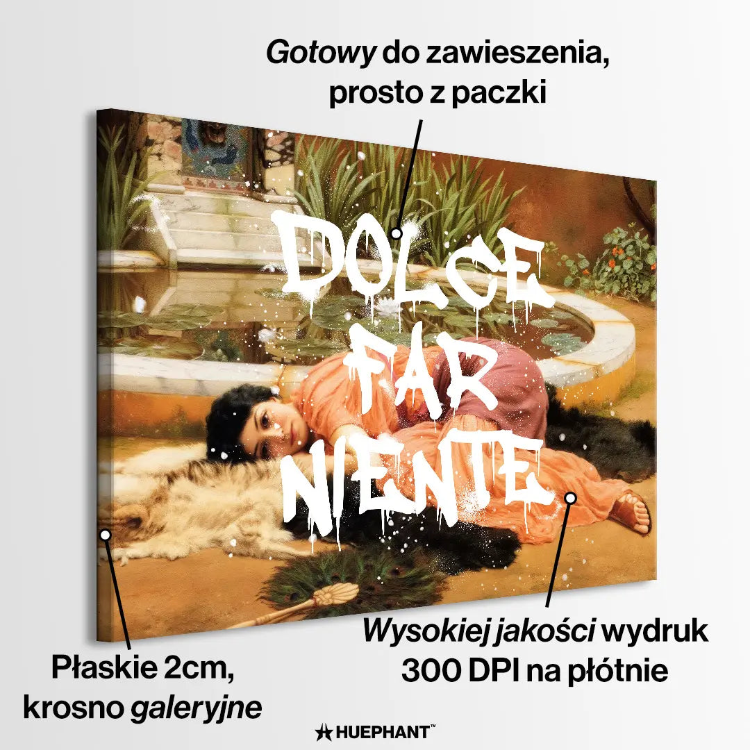 Obraz na płótnie „Dolce Far Niente” – klasyczna scena z leżącą kobietą i białym graffiti w stylu street art z napisem „Dolce Far Niente”.